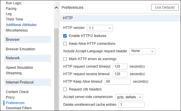 LoadRunner - Runtime Settings - Preferences - HTTP