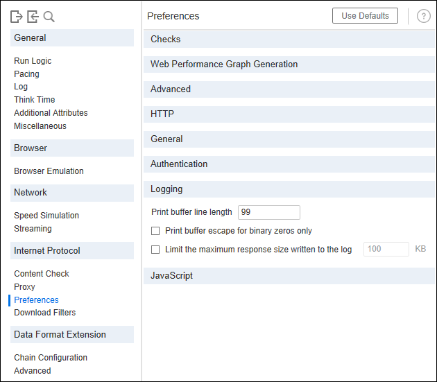 LoadRunner - Runtime Settings - Preferences - Logging